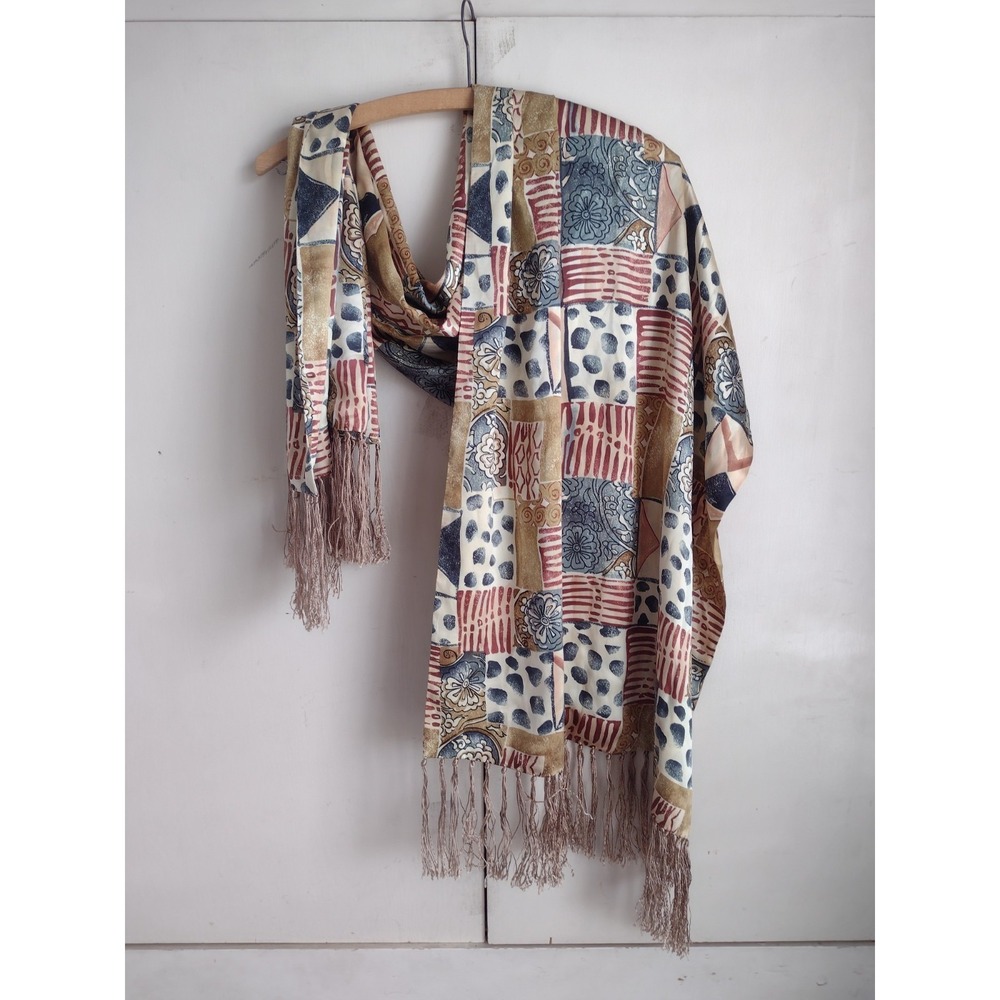 Adana Silk Scarf Double Layer Sarong Fringe Neutral Geometric Shiny Quiet Luxury